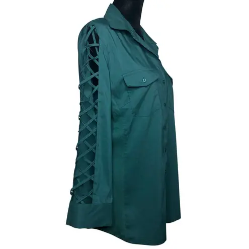 Sharagano Teal Lattice Sleeve Knit to Fit Blouse - Size Medium