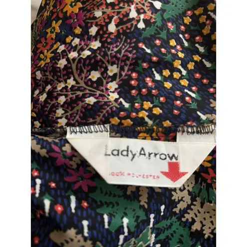 LADY ARROW Vintage 70s Polyester Floral Button Up Tie Bow Front Blouse Medium Green