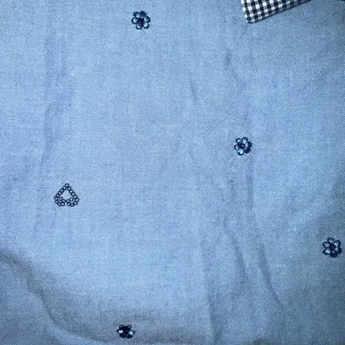 Vintage chambray heart floral embroidered button down top picnic cottagecore Blue Size XL