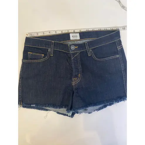 Hudson Jeans Hudson Dark Blue Wash Button Fly Raw Hem Denim Jean Shorts EUC Sz 26 Midrise