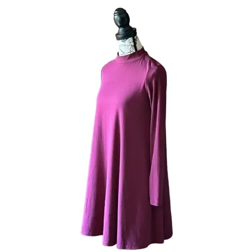 AQUA Purple Mock Neck Long Sleeve Ribbed A-Line Swing Mini Dress Small Boho