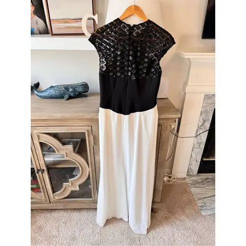 Mikael Aghal Elegant Black & White Satin Dress Crochet Embellished Top Size 8