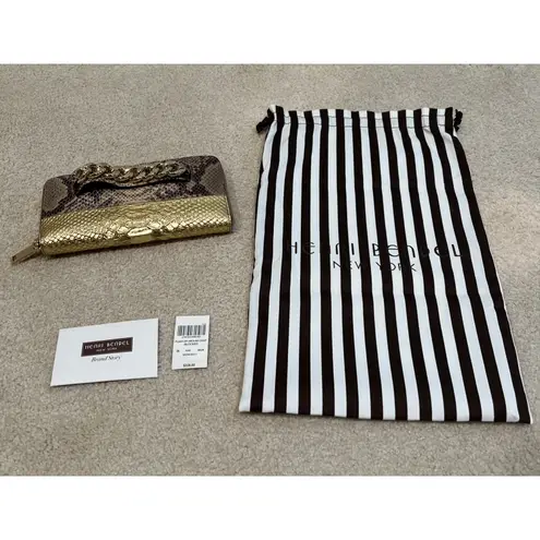 Henri Bendel Plaza Zip Around Wallet Clutch Python Snake Gold Blocked Leather