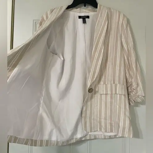Ellen Tracy Linen Blend Striped Neutral 3/4 Sleeve Blazer Size Medium Coastal
