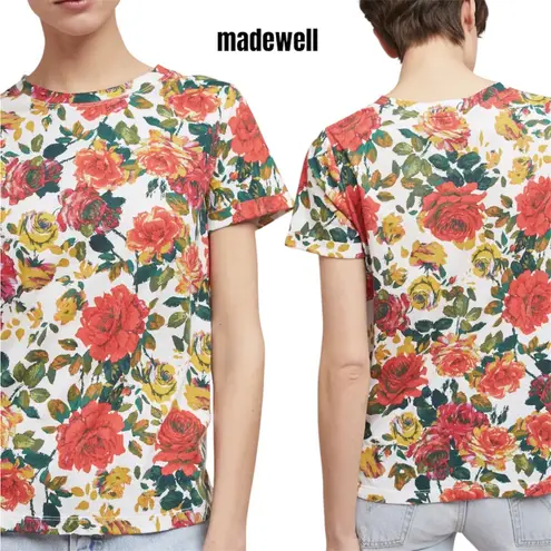 Meadow Rue by Anthropologie Floral Roses T Shirt Top Size S White Red Yellow
