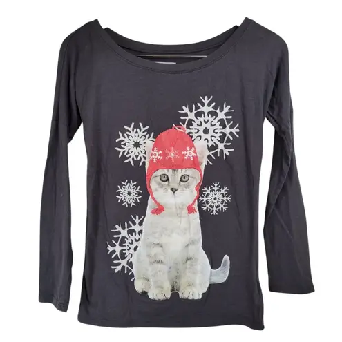 Freeze Grey Kitten in Winter Hat with Snowflakes Long Sleeve Top Size XS Gray