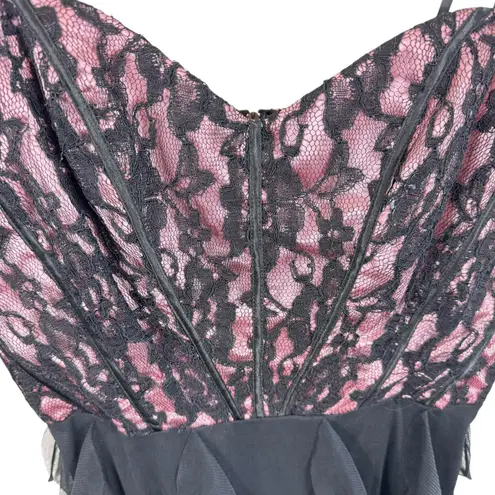 DEB Y2K Vintage Black Pink Lace Bustier Ruffled Tulle Skirt Mini Dress Sz 13 14