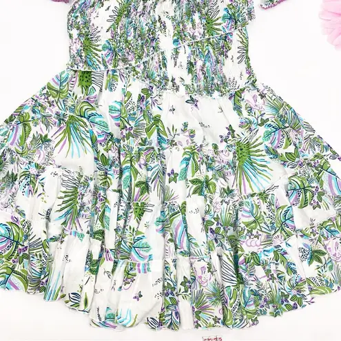 Poupette St. Barth Soledad Smocked Mini Dress Aqua Rain Forrest Tropical Jungle