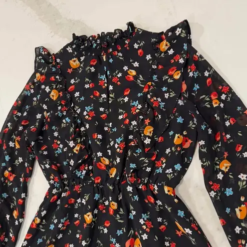 Pomelo Midi Ruffled Black Floral Long Sleeve Dress Womens Small Smocked Neckline