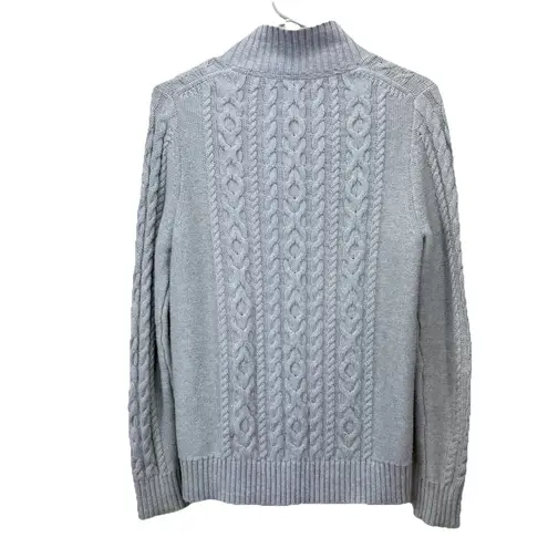 LL Bean Gray Double L Mixed Cable Full Zip Mock Neck Cotton Sweater Size MEDIUM