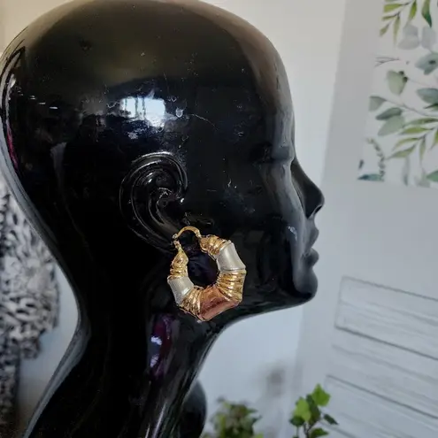 Tricolor Gold Filled Chunky Hoop Earrings Greek Key Design