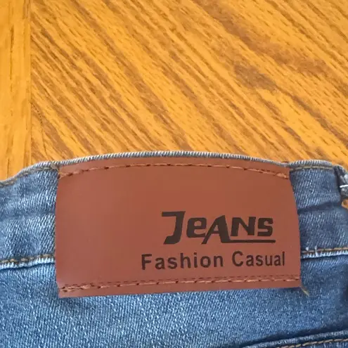 None Blue Stretch Skinny Jeans with Animal Print Accents