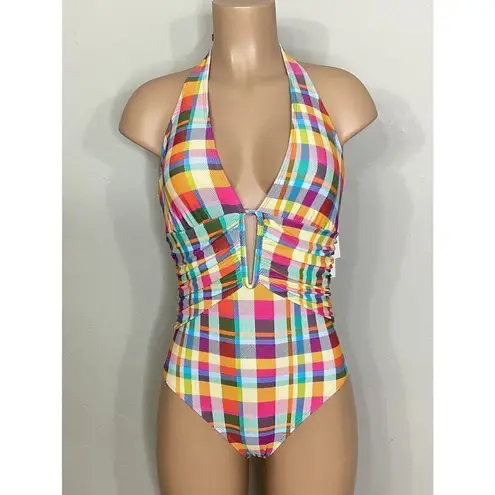 New. Plunge neck plaid swimsuit. Size 6. Regularly $89 Pink