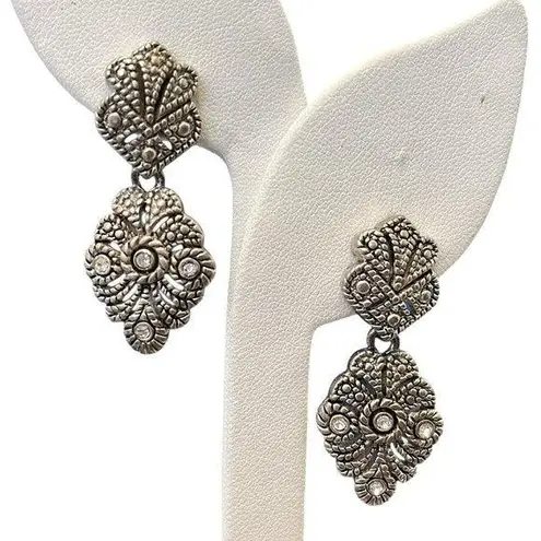 Silver Tone Filigree Chandelier Clear Crystal Drop Earrings Stud Lever Backs