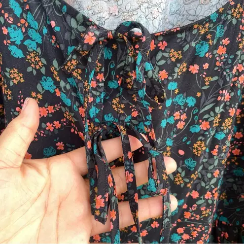 Ava & Viv  Womens Shirt Blouse Black Multicolor Ditzy Floral Tie Front Size 1X