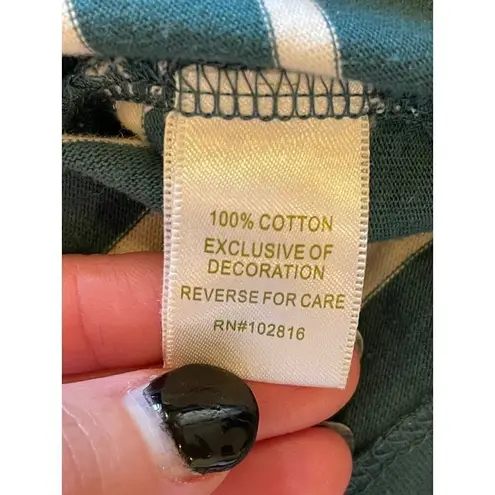 Garnet Hill Dark Green And White Striped Jeweled Neckline Long Sleeve Top Size M