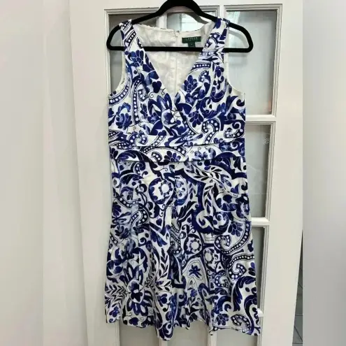 Ralph Lauren Lauren  Paisley Floral Blue & White Sleeveless Shift Dress Size 14