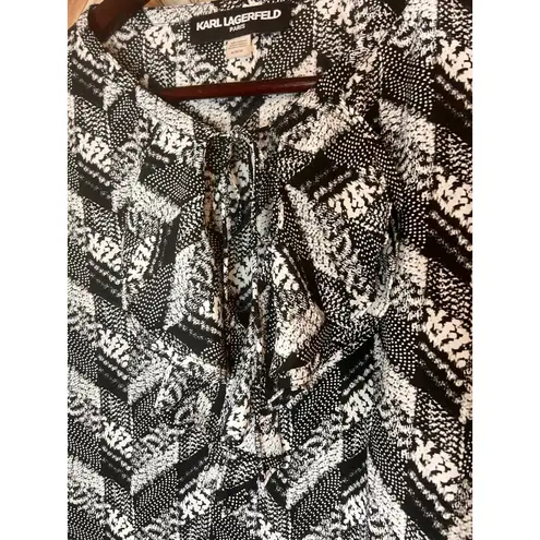 Karl Lagerfeld Karl Lagerfield Paris Tie Front Ruffle Long Sleeve Blouse Black White Medium