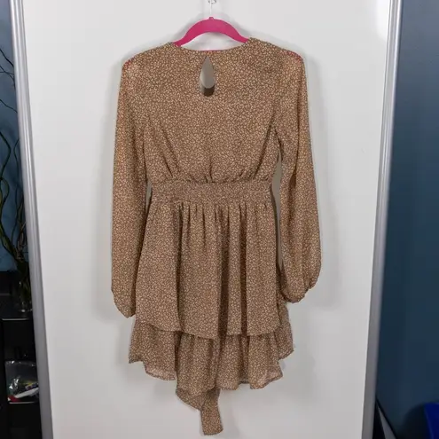 Long Sleeve Leopard Print Ruffle Hem Chiffon Dress Brown Size M