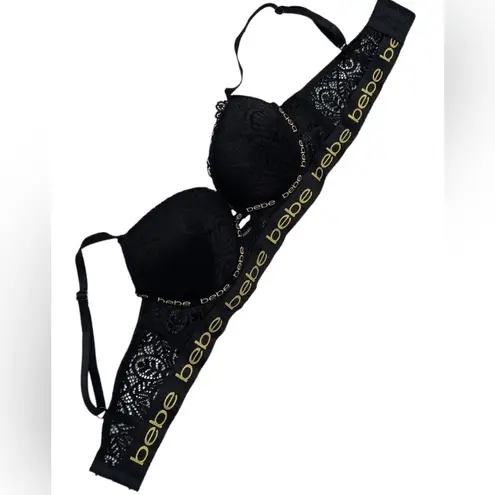 Bebe Womens Black  Logo Lace Underwire Padded Push Up Bra Size 34C​​​