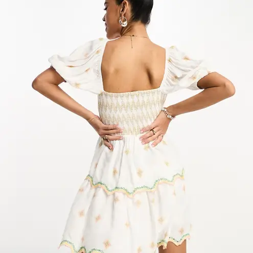 River Island White Boho Embroidered Mini Dress Size S Tassel Tie Smocked Waist