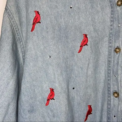 esteem jean button up with cardinals embroidery