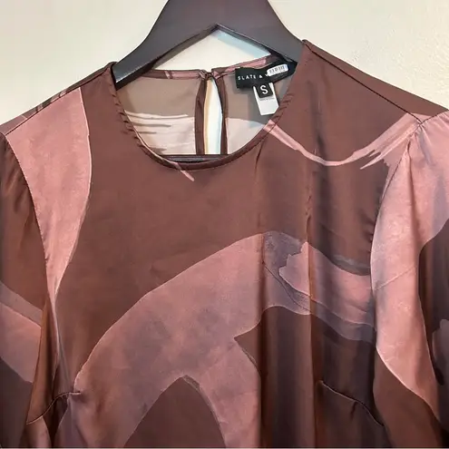 Slate + Willow Blouse Elegant Brown Pink Patterned Balloon Sleeve Top Business