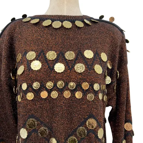 Bonnie Boerer Vintage Sweater Coin Trim Metallic Glitter Gold Size Large