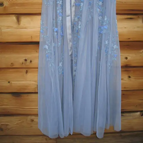 Mac Duggal 14521 Blue Floral Embellished Short Sleeve Mesh Gown Dress