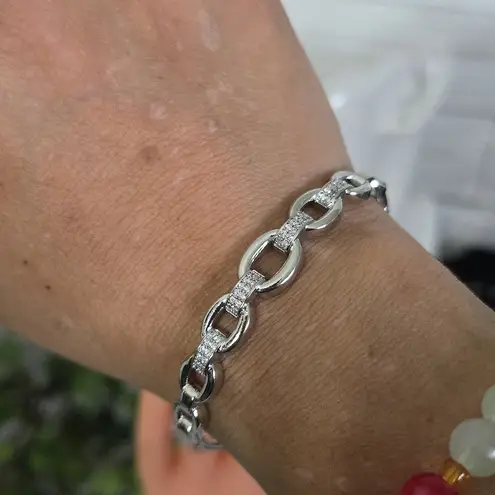 White Gold Filled Chain Link Clamper Bangle Bracelet Adjustable Ring Set Silver