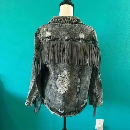 Fantastic Fawn Black Dark Fringed Western Distressed Denim Jacket Womens Size M
