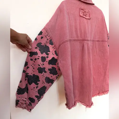 POL  Women's Denim Shacket/Jacket Pink with Animal Print Sleeves and Pocket - Image 3