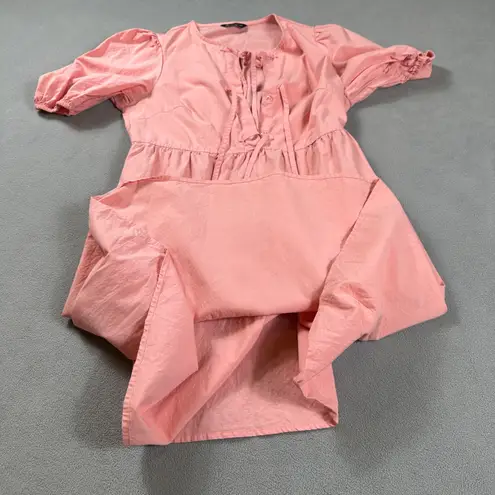 Pretty Garden Midi Dress Womens Small Pink Puff Sleeve Tie Neck Lyocell Cotton
