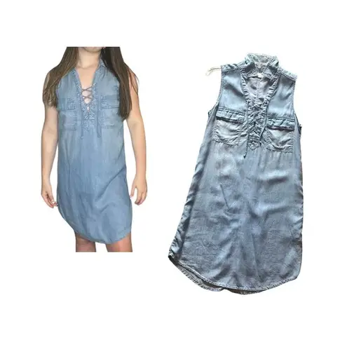 SO  Brand DENIM DRESS Womens XS Sleeveless Criss Cross Tie Front Pockets Collar