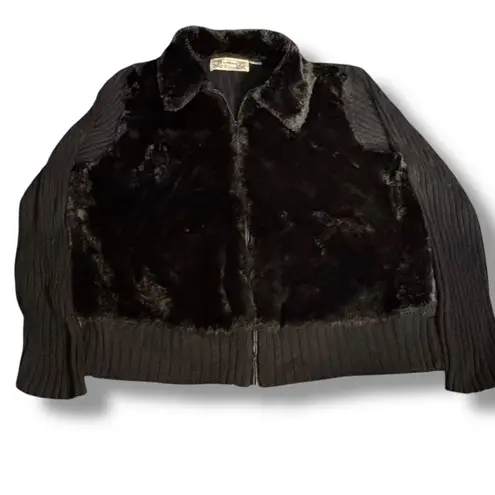 Vintage 90s Tiara Black Faux Fur Wool Knit Zip Jacket Collared Sweater Coat Size XL