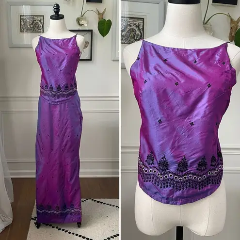 Vintage 90s Magazine 2pc Silk Iridescent Halter Top Maxi Skirt Magenta Purple S