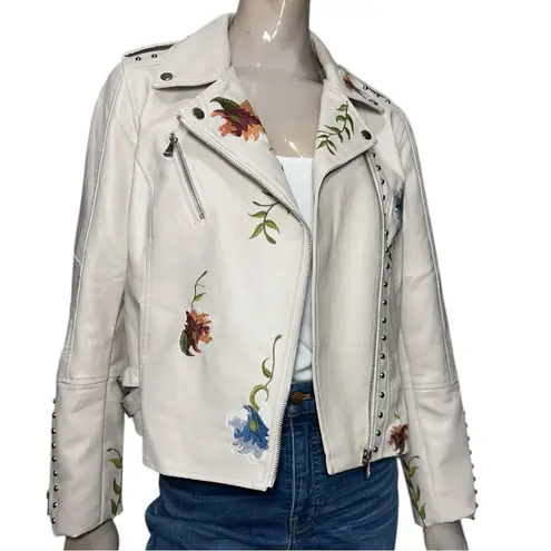 None Women's Size XL Cream Ivory Embroidered Flowers Faux Leather Motorcycle Jacket