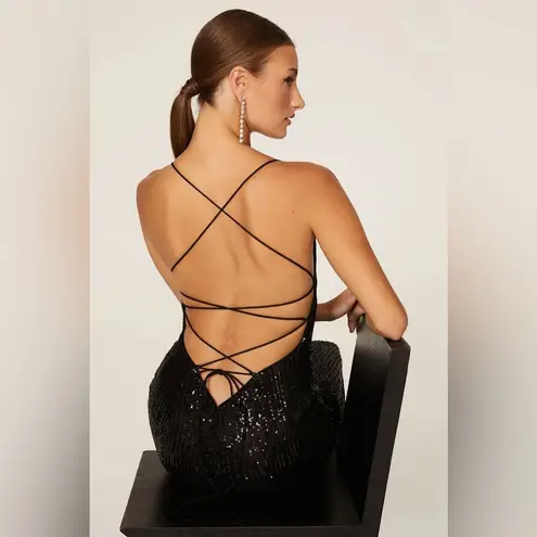 Mac Duggal Ieena for Black Sequin Tie Back Gown Long Dress Open Back Strappy 12P