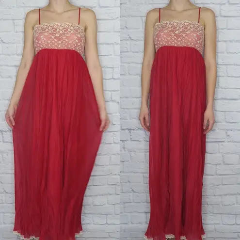 Vintage 70s Pleated Red Lace Nightgown Slip Dress Size M