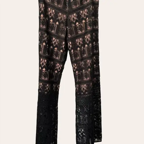 Alexis Black Nude Crochet Lace Wide Leg Palazzo Dress Pants Size M