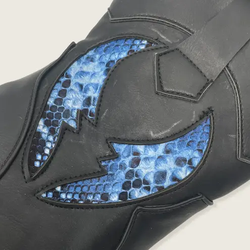 Black Blue Snakeskin Print Western Cowgirl Point Stacked Block Heel Mid Boot 38 Size 7