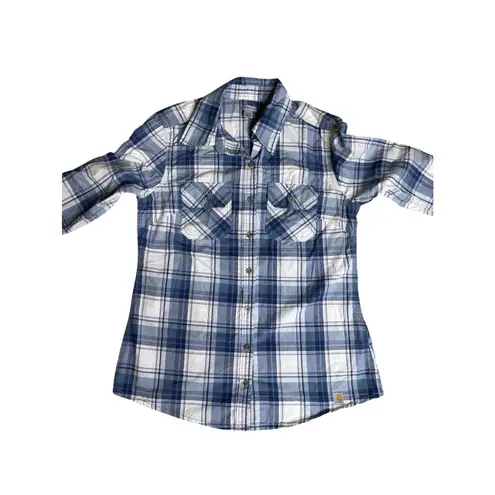 Carhartt  For Women Blue Plaid Roll-Tab Sleeve Button Down Shirt Small thumbnail 2