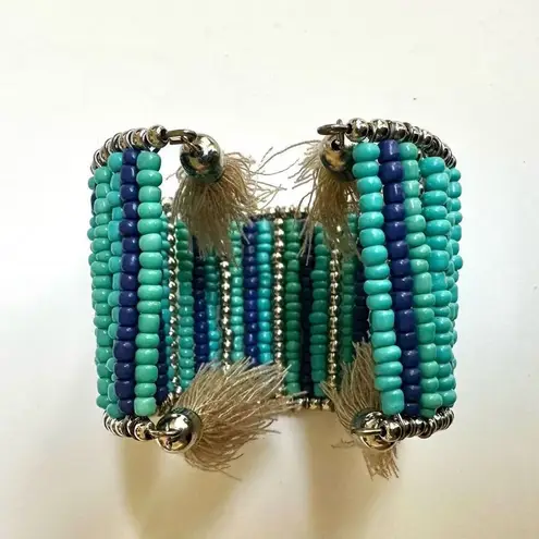 Blue beaded tassel open cuff bracelet