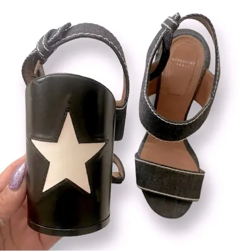 Givenchy Star Block Chunky Heel Ankle Strap Sandals RARE Denim Blue White Sz. 6