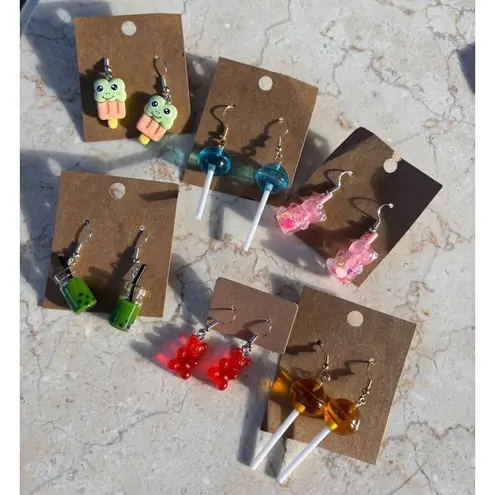 Handcrafted Novelty Dangle Earrings Set Of 6 Pairs With Cute Animal & Candy Desi Pink