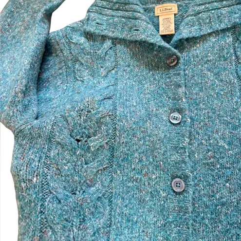 LL Bean Vintage Wool Blend Confetti Cable Knit Cardigan Sweater Womens Medium Blue