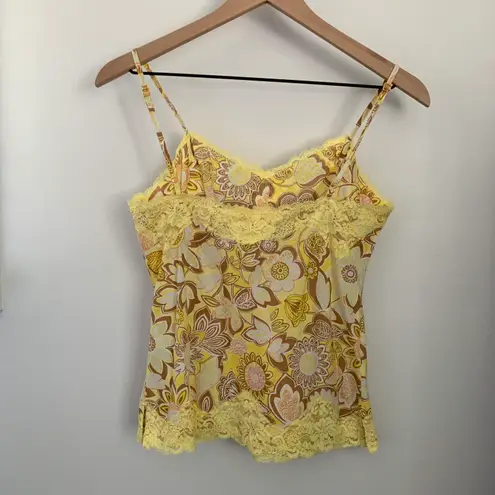 EXPRESS XS Y2K 2000s Yellow Floral Cami Top Lace Trim Preppy Coquette