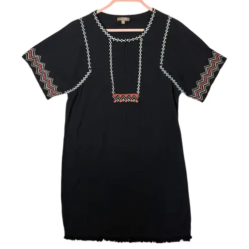 LILLA P Gauze Embroidered Dress Black Tassel Fringe Short Sleeve sz S Boho