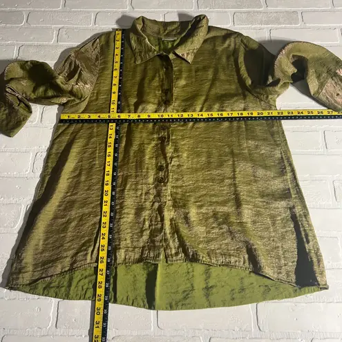 Habitat Blouse Top Womens Large Green Shimmery Metallic Button Up Collared Shirt