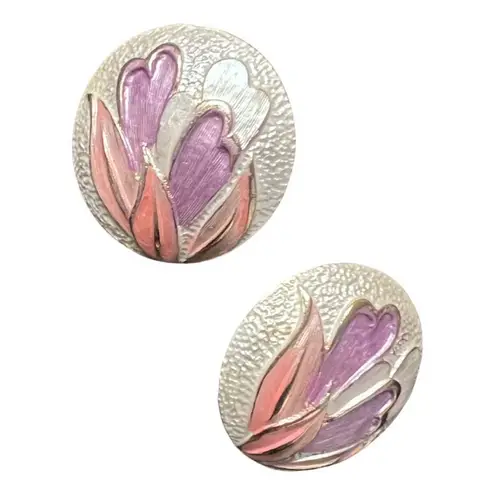 Post Modern Pastel Flower Dome Brooch & Clip In Floral Earrings Jewelry Set Gold